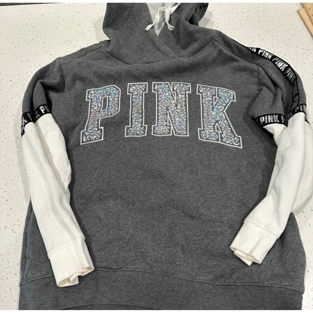 Victoria's Secret PINK Sequin Logo Hoodie Gray White Colorblock Sweatshirt Small